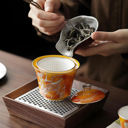Luxuriöser, versilberter Drachen-Gaiwan – 150 ml, hitzebeständige Keramik, Geschenkbox