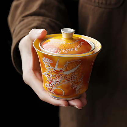 Luxuriöser, versilberter Drachen-Gaiwan – 150 ml, hitzebeständige Keramik, Geschenkbox