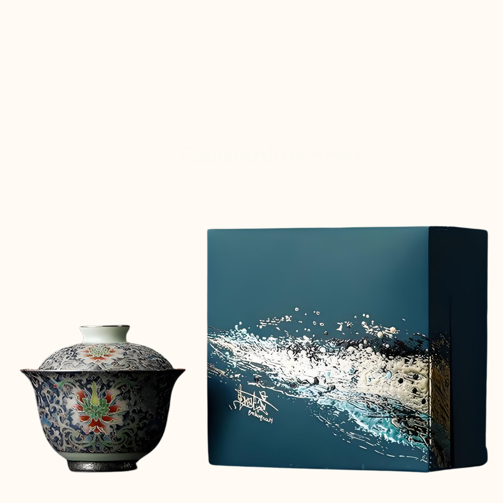 Handgefertigter Cloisonné-Lotus-Gaiwan – 150 ml kaiserliche Keramik, Cloisonné-Emaille und Silber