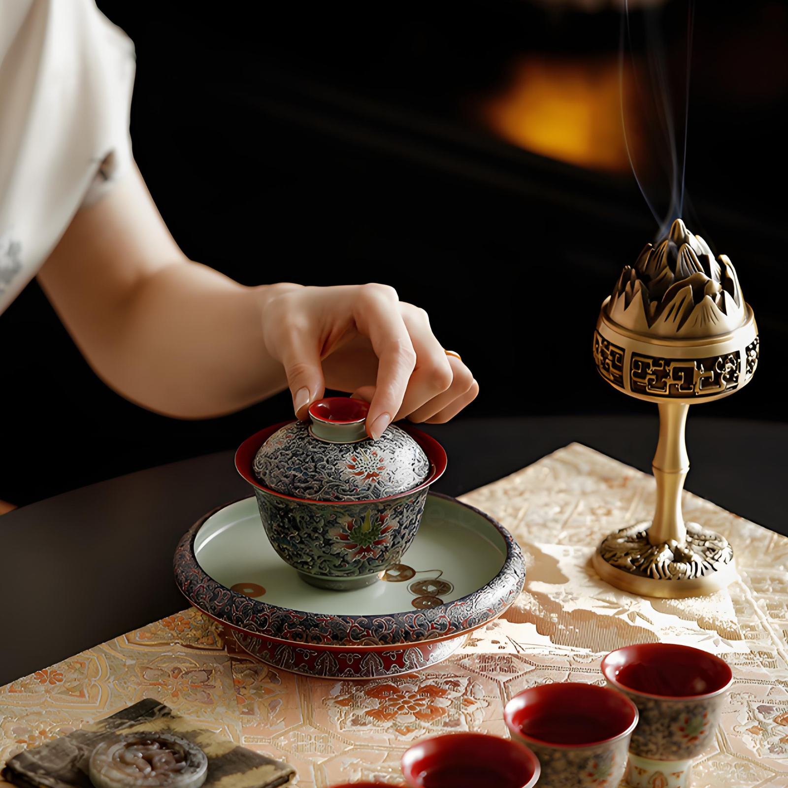 Handgefertigter Cloisonné-Lotus-Gaiwan – 150 ml kaiserliche Keramik, Cloisonné-Emaille und Silber