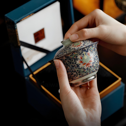 Handmade Cloisonné Lotus Gaiwan - 150ml Imperial Ceramic, Cloisonné Enamel & Silver