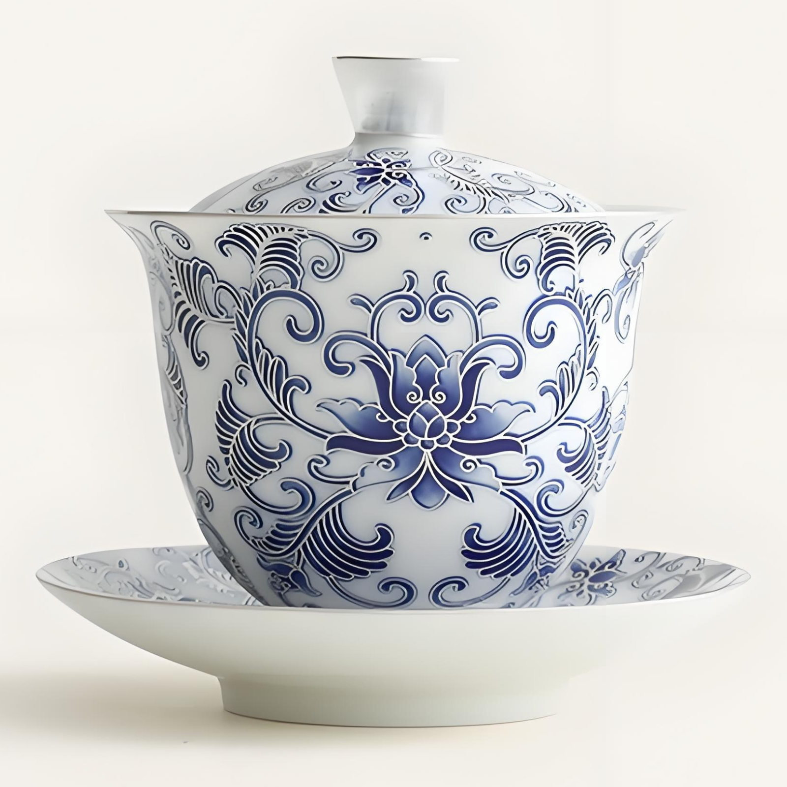 Handmade Silver-Gilded Blue & White Lotus Gaiwan - 200ml Mutton Fat Jade Porcelain, Collector’s Box