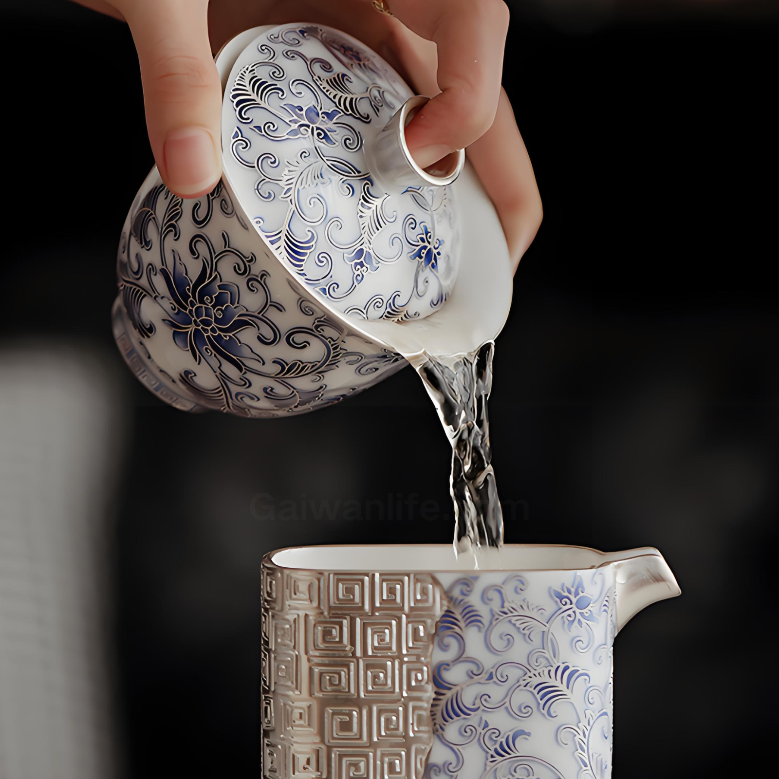 Handgefertigter silbervergoldeter blau-weißer Lotus-Gaiwan – 200 ml Hammelfett-Jadeporzellan, Sammlerbox