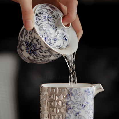 Handmade Silver-Gilded Blue & White Lotus Gaiwan - 200ml Mutton Fat Jade Porcelain, Collector’s Box