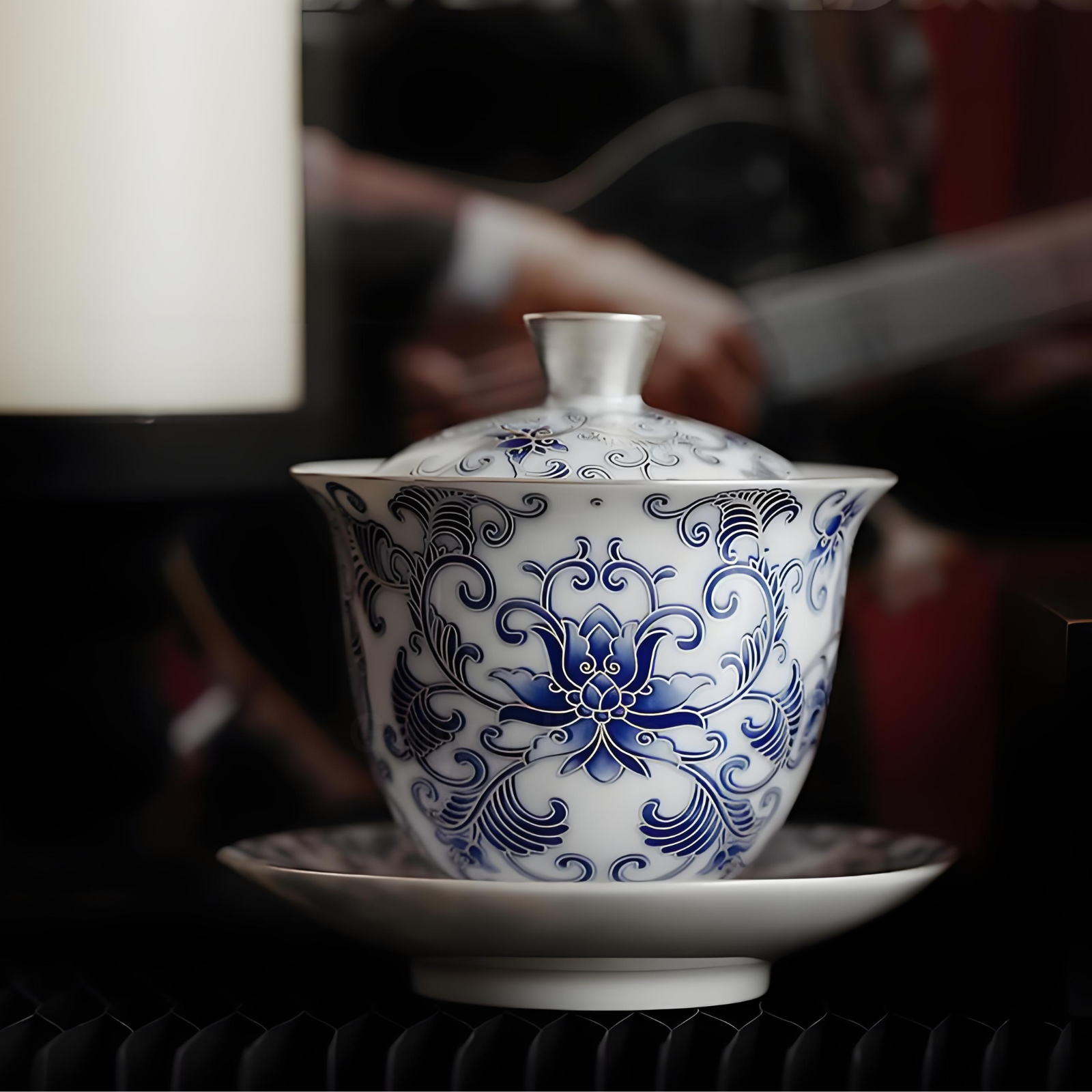 Handgefertigter silbervergoldeter blau-weißer Lotus-Gaiwan – 200 ml Hammelfett-Jadeporzellan, Sammlerbox