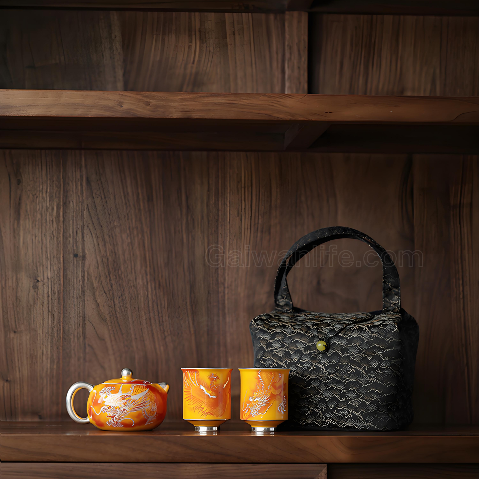 Handmade Silver-Gilded Xishi Teapot Travel Set - Dragon & Phoenix Design, 200ml Ceramic