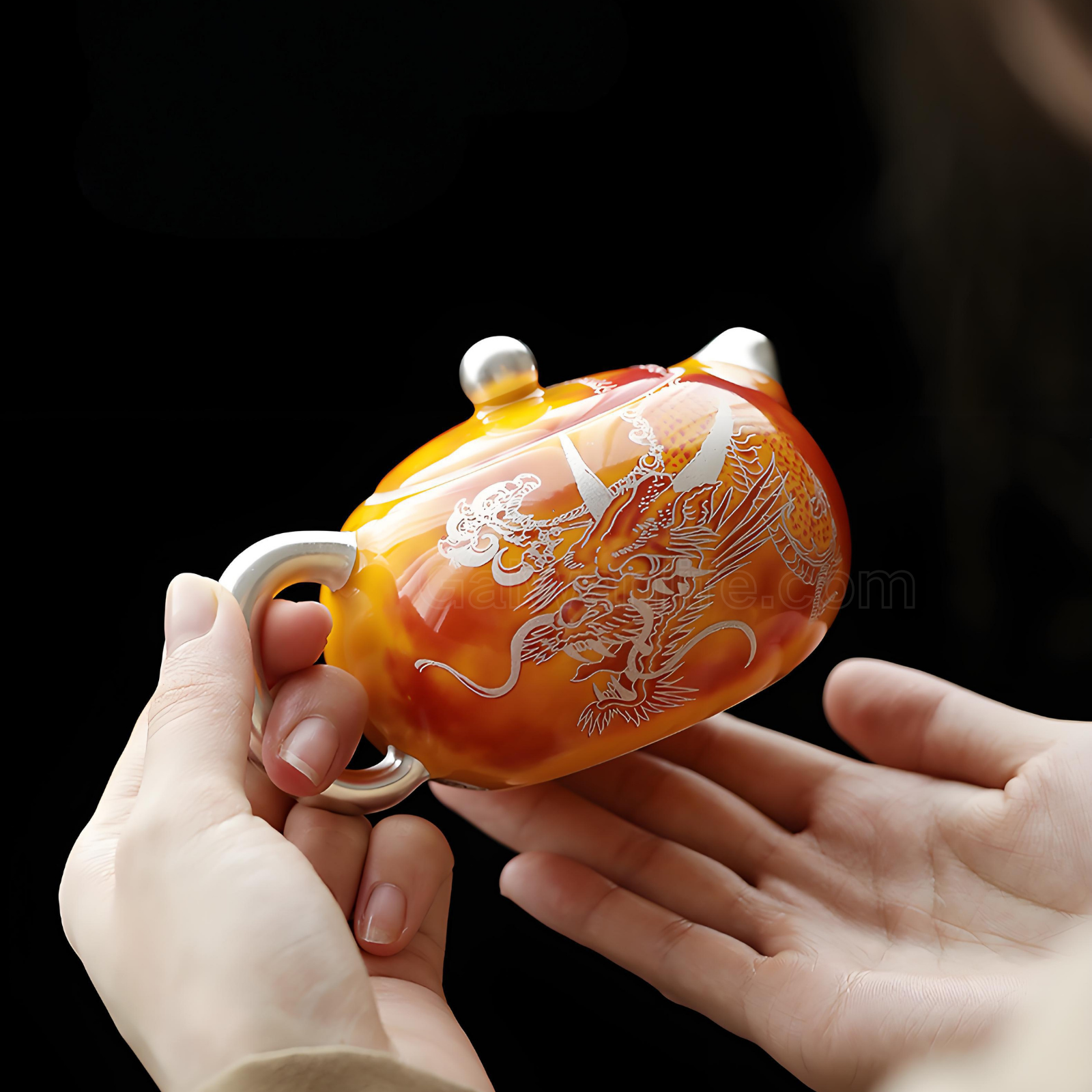 Handmade Silver-Gilded Xishi Teapot Travel Set - Dragon & Phoenix Design, 200ml Ceramic