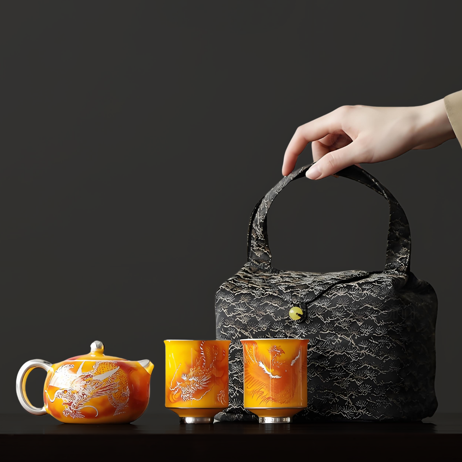 Handmade Silver-Gilded Xishi Teapot Travel Set - Dragon & Phoenix Design, 200ml Ceramic