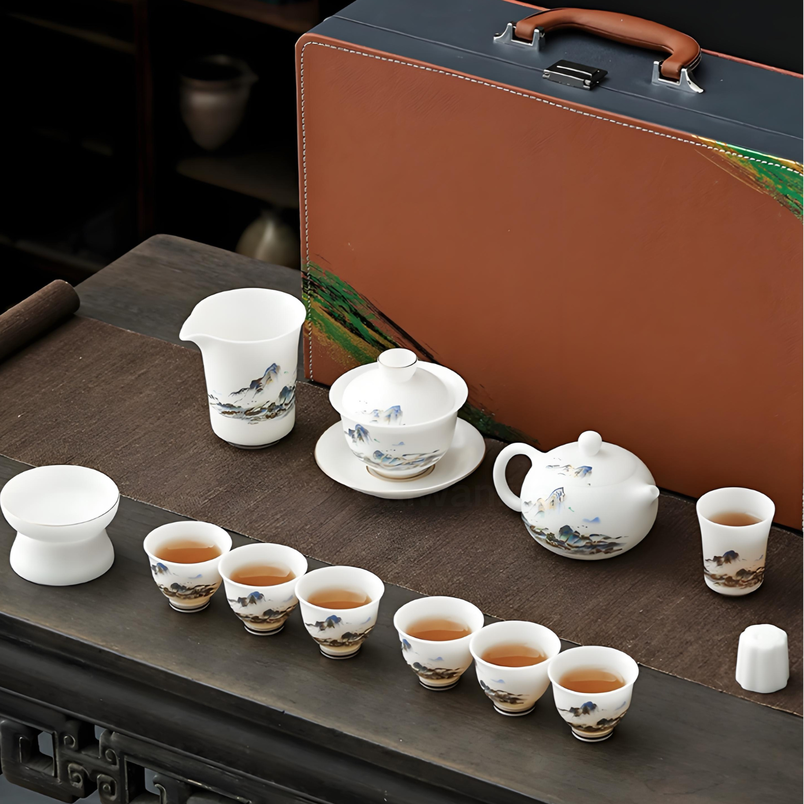 Jade Porcelain Gaiwan Tea Set - Thousand Miles of Rivers & Mountains Design, 12-Piece