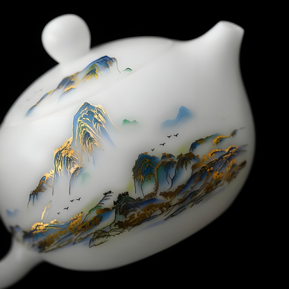 Jade Porcelain Gaiwan Tea Set - Thousand Miles of Rivers & Mountains Design, 12-Piece