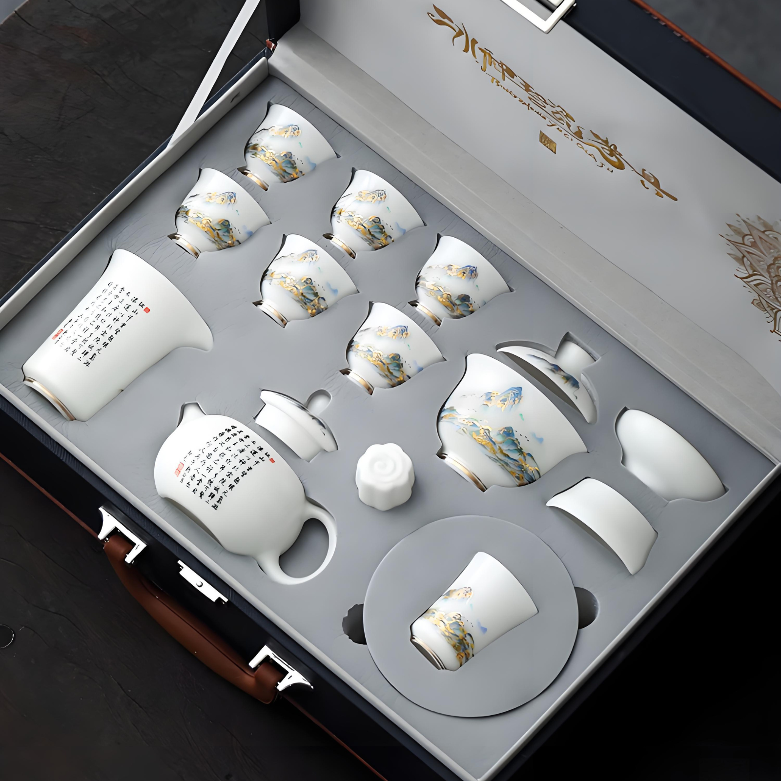 Jade Porcelain Gaiwan Tea Set - Thousand Miles of Rivers & Mountains Design, 12-Piece