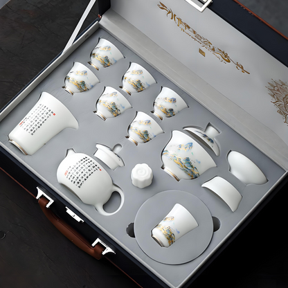 Jade Porcelain Gaiwan Tea Set - Thousand Miles of Rivers & Mountains Design, 12-Piece