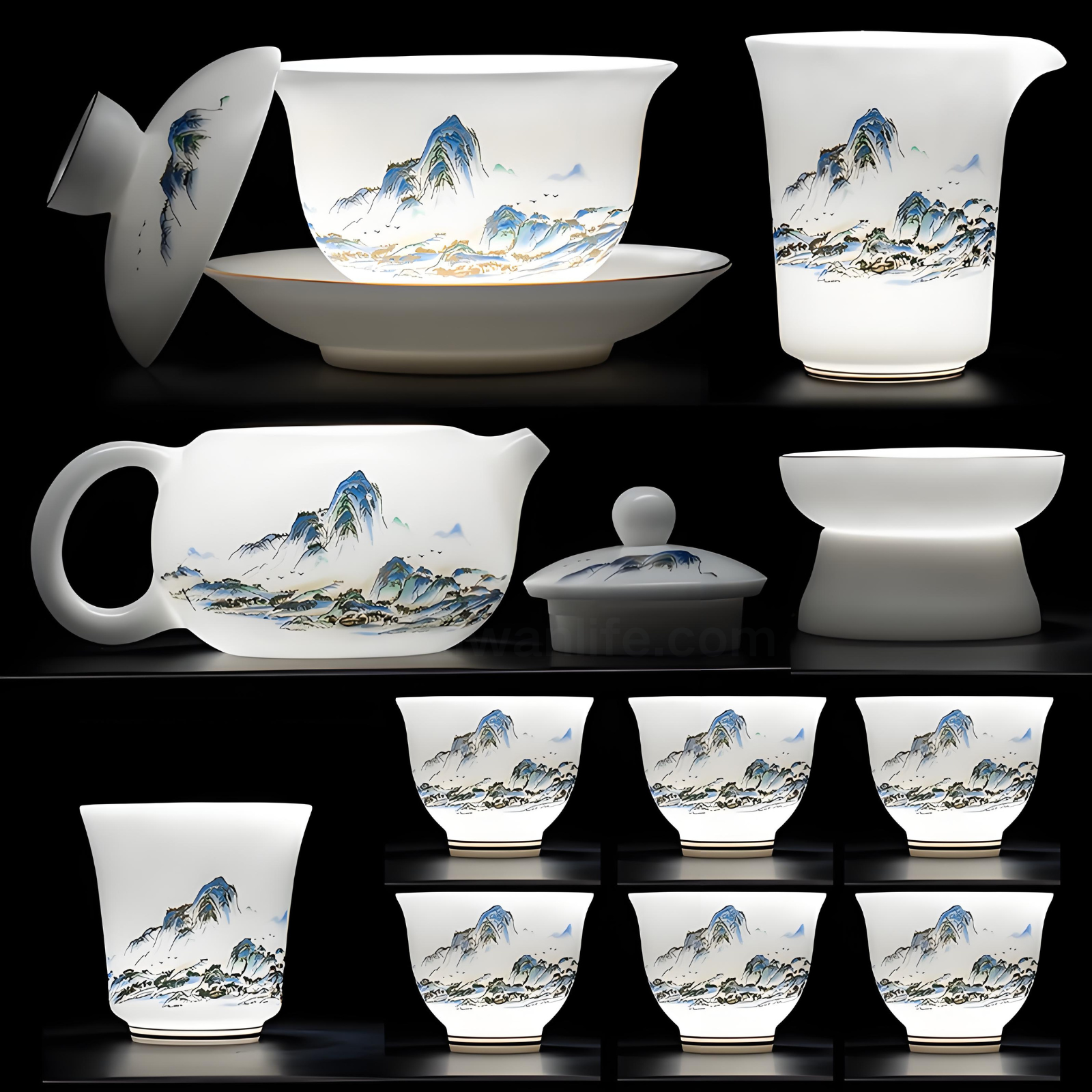 Jade Porcelain Gaiwan Tea Set - Thousand Miles of Rivers & Mountains Design, 12-Piece