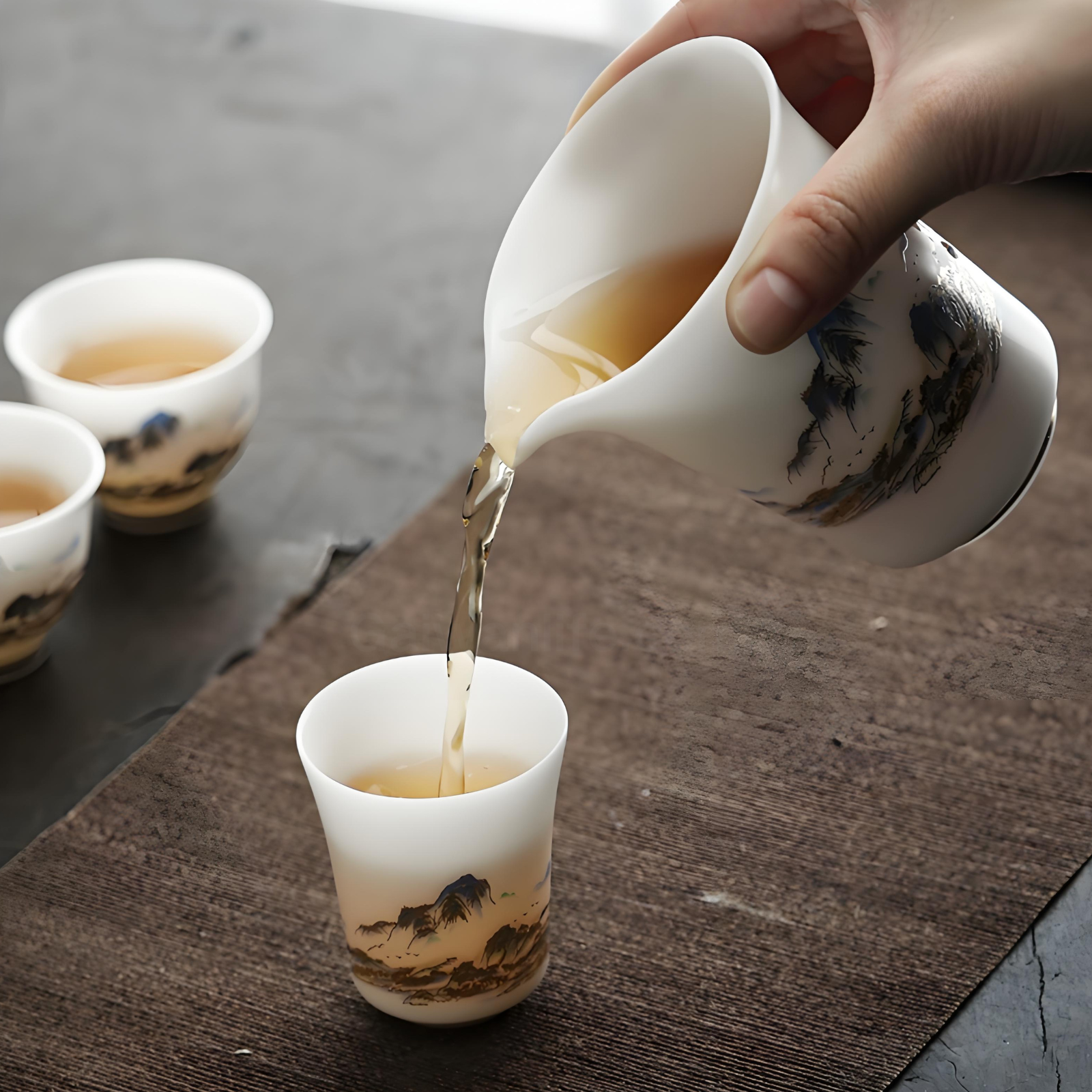 Jade Porcelain Gaiwan Tea Set - Thousand Miles of Rivers & Mountains Design, 12-Piece