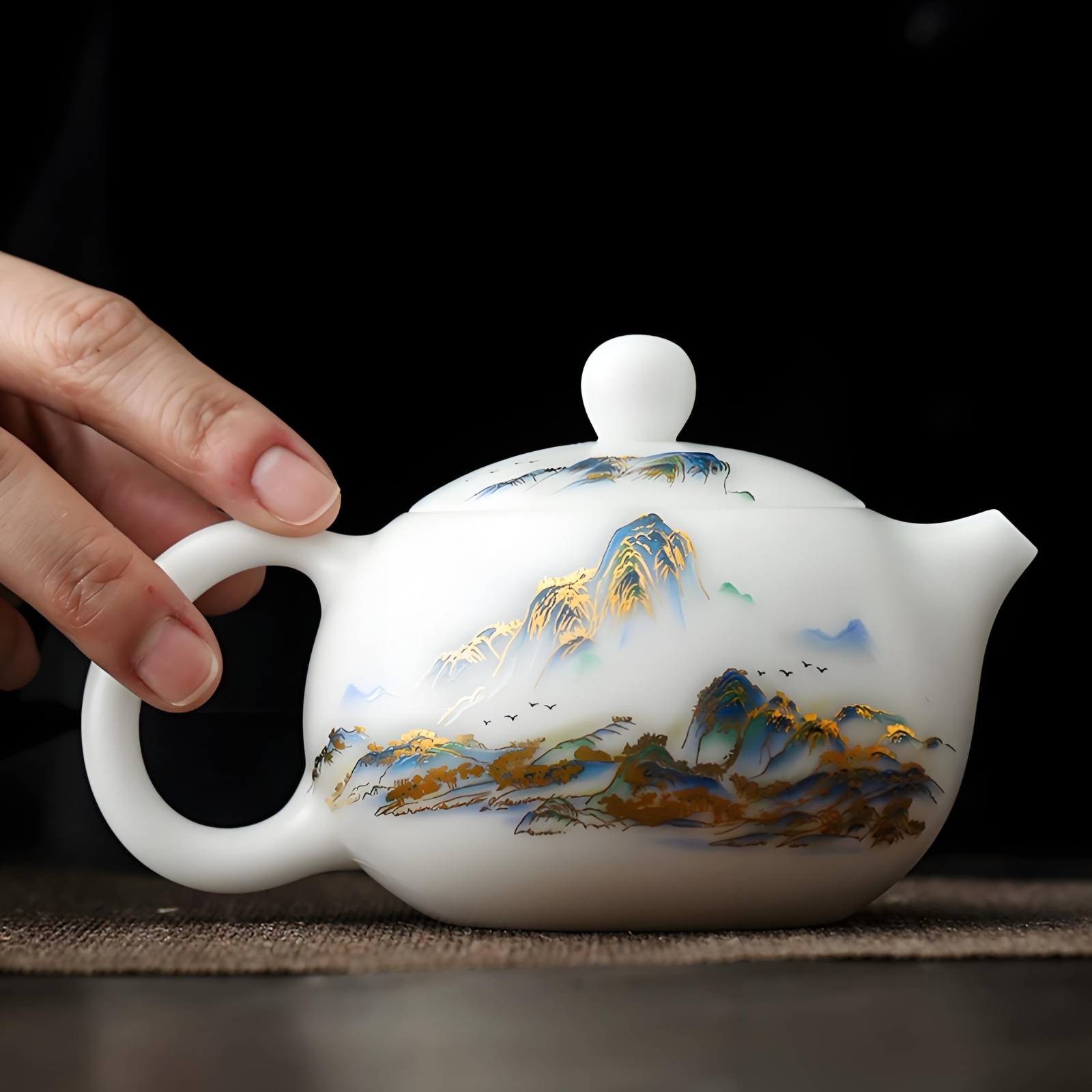 Jade Porcelain Gaiwan Tea Set - Thousand Miles of Rivers & Mountains Design, 12-Piece