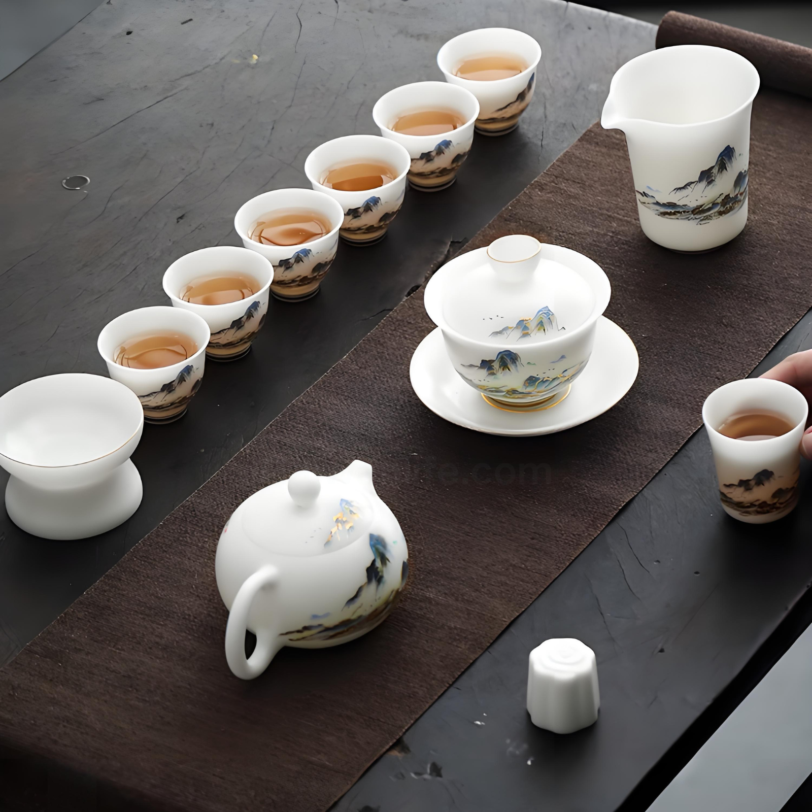 Jade Porcelain Gaiwan Tea Set - Thousand Miles of Rivers & Mountains Design, 12-Piece