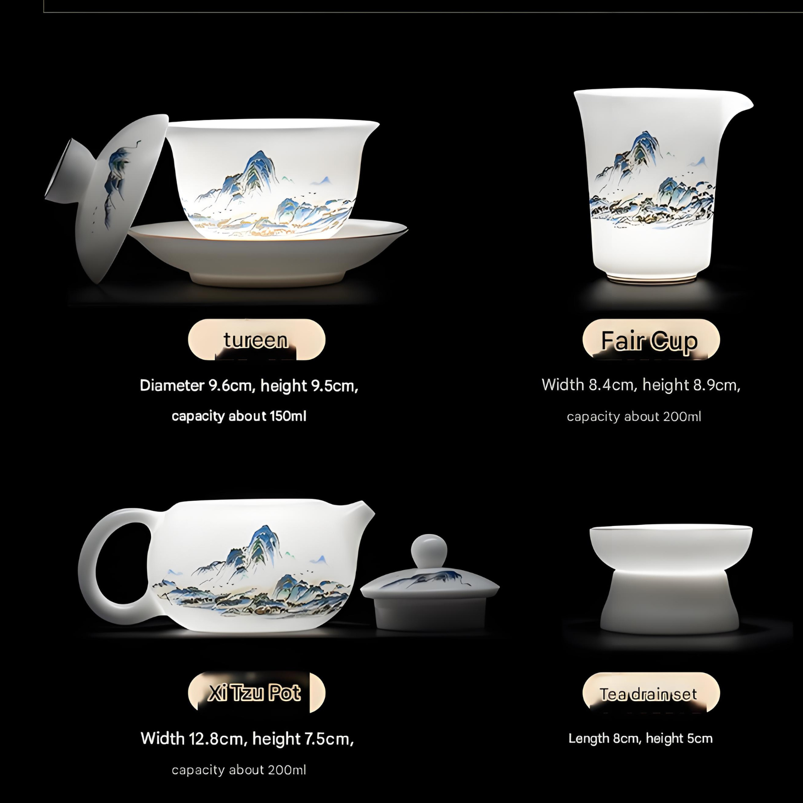 Jade Porcelain Gaiwan Tea Set - Thousand Miles of Rivers & Mountains Design, 12-Piece