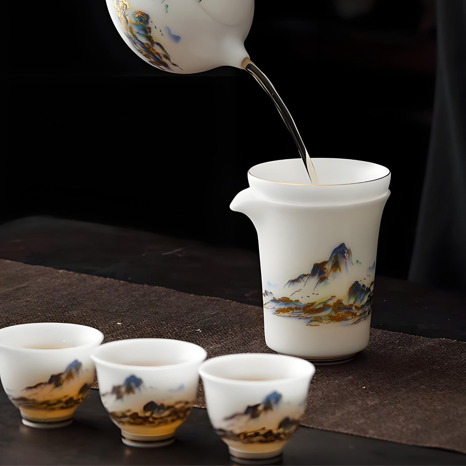 Jade Porcelain Gaiwan Tea Set - Thousand Miles of Rivers & Mountains Design, 12-Piece