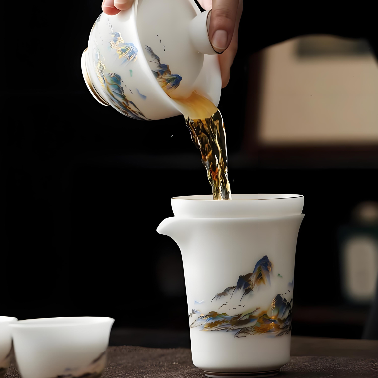 Jade Porcelain Gaiwan Tea Set - Thousand Miles of Rivers & Mountains Design, 12-Piece