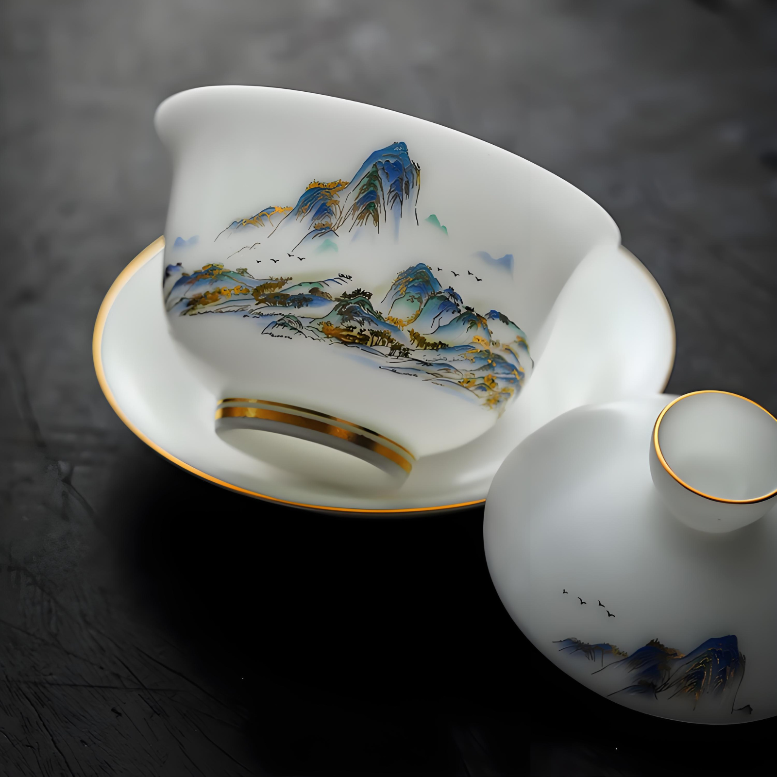 Jade Porcelain Gaiwan Tea Set - Thousand Miles of Rivers & Mountains Design, 12-Piece