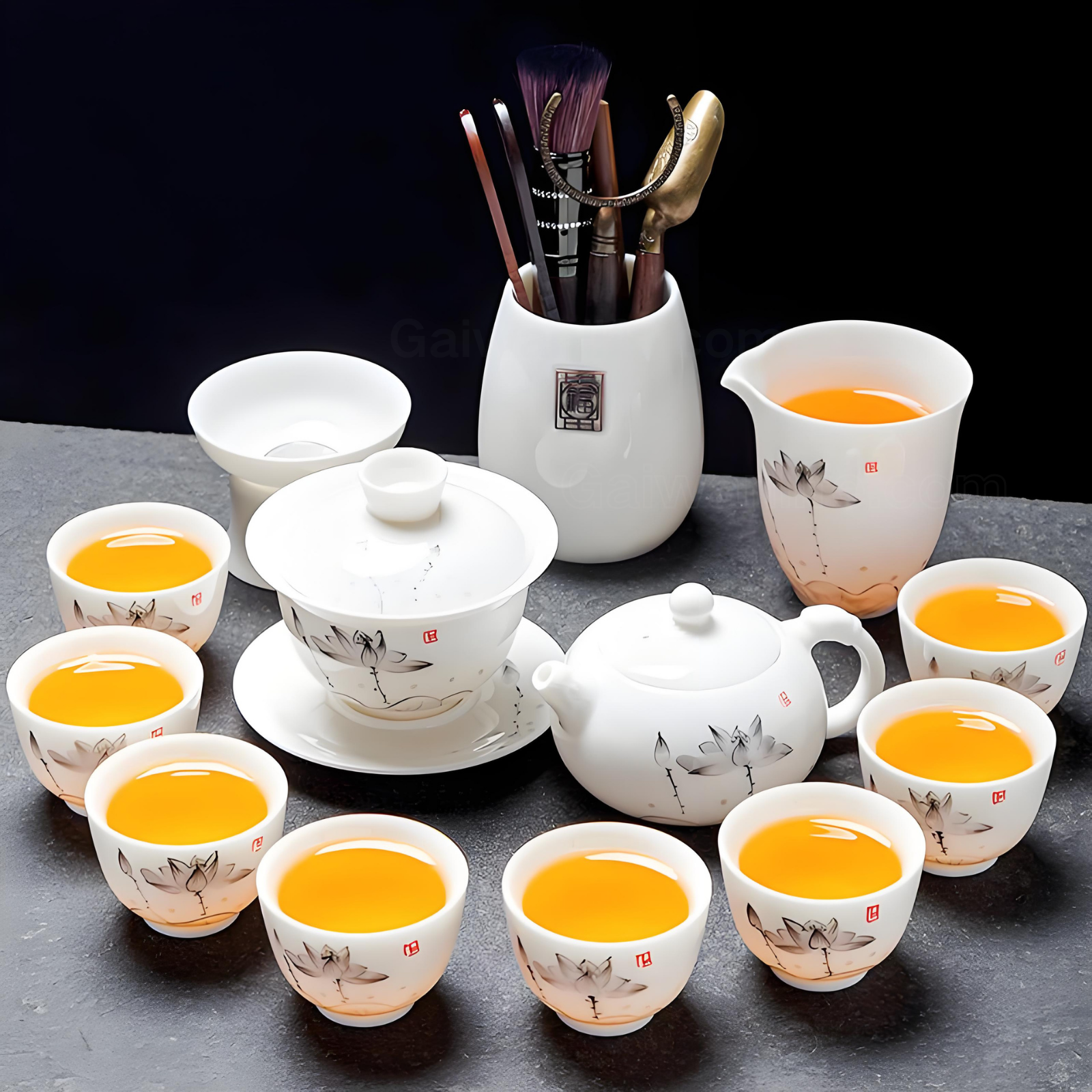 Chinese white jade porcelain 15-piece ink lotus tea set