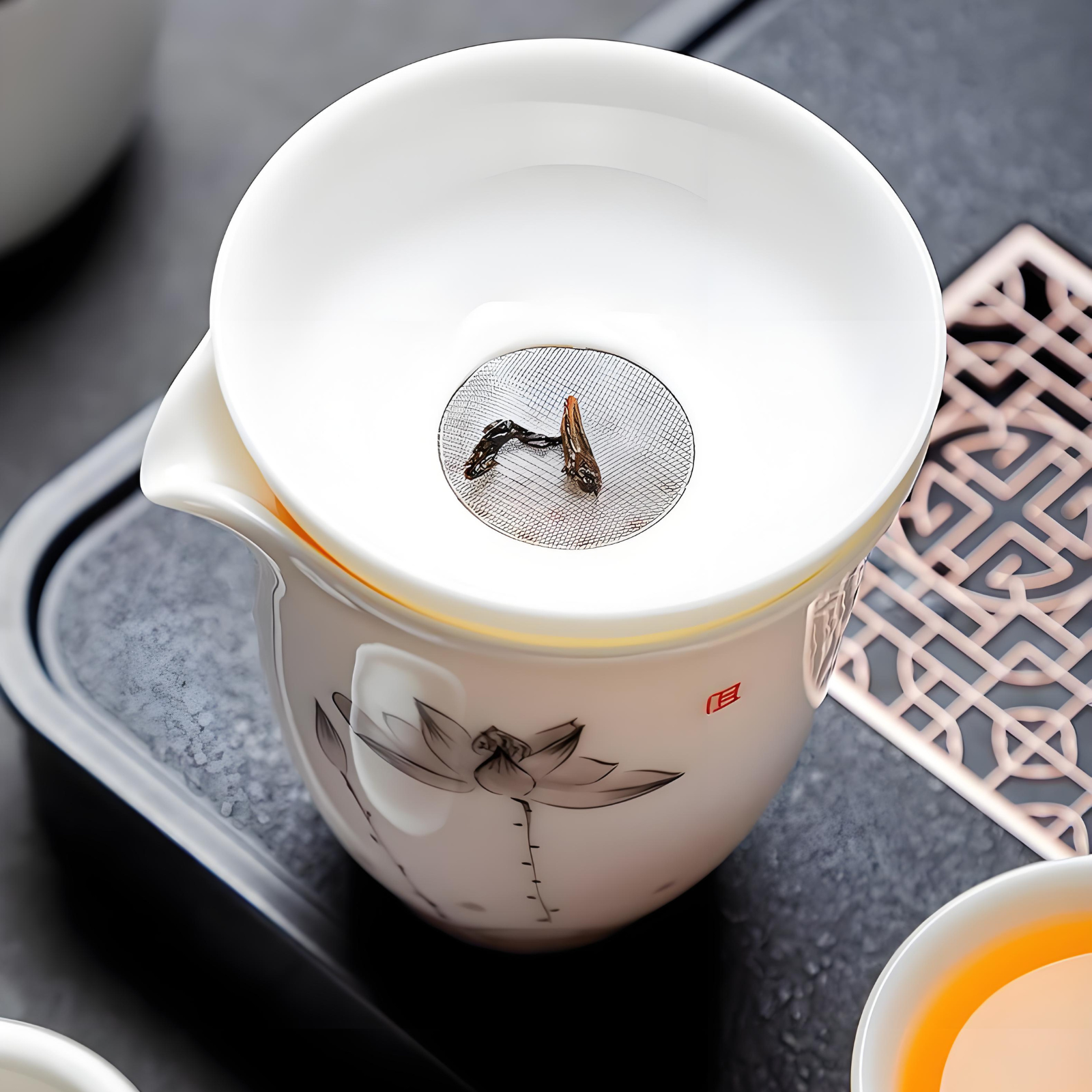 Chinese white jade porcelain 15-piece ink lotus tea set