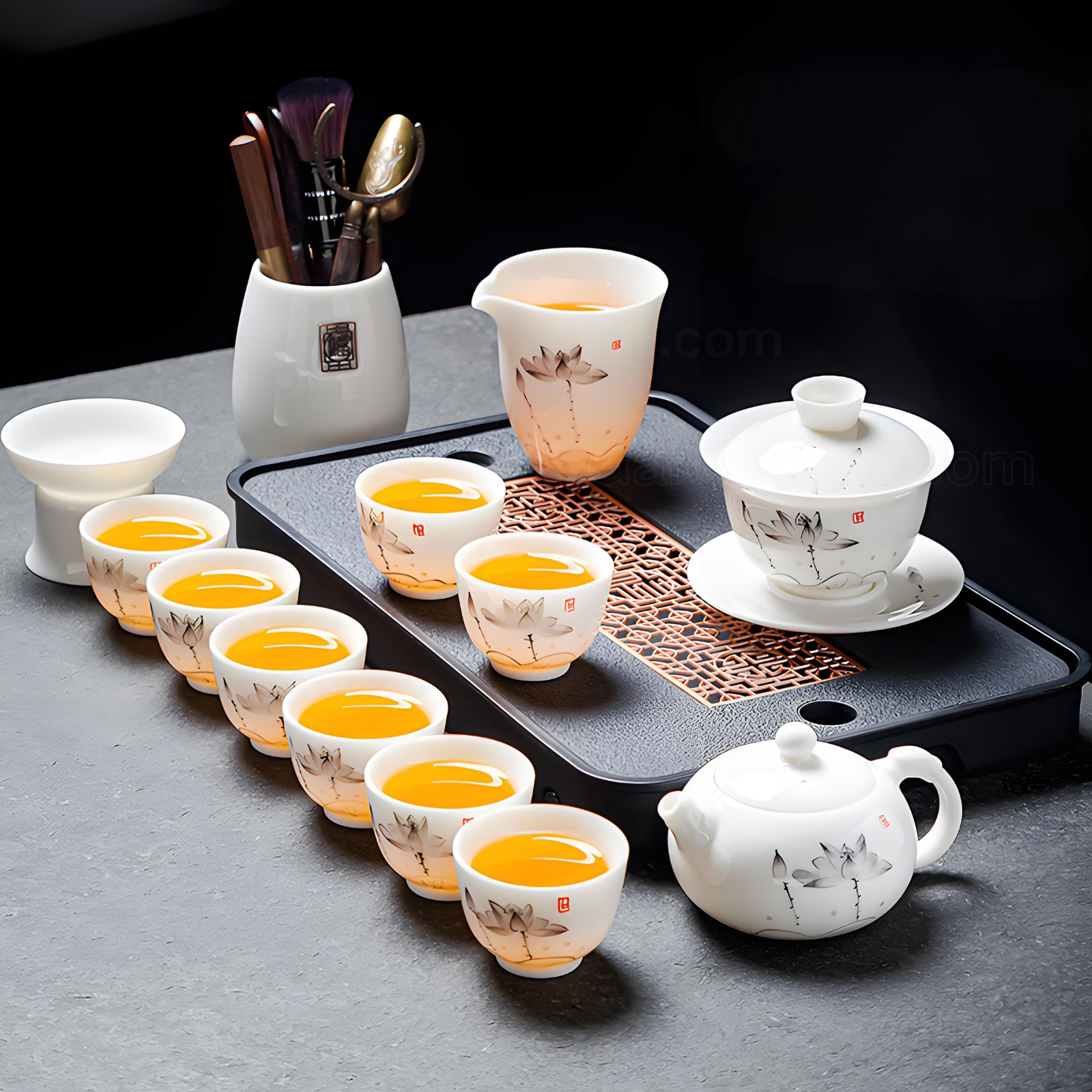 Chinese white jade porcelain 15-piece ink lotus tea set