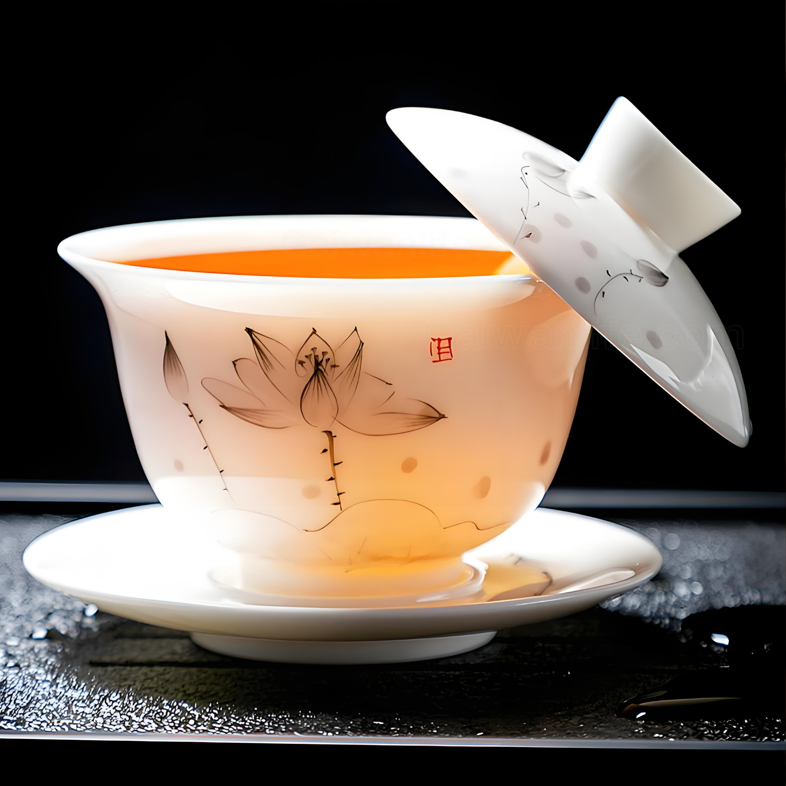 Chinese white jade porcelain 15-piece ink lotus tea set
