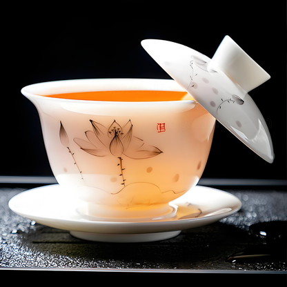 Chinese white jade porcelain 15-piece ink lotus tea set