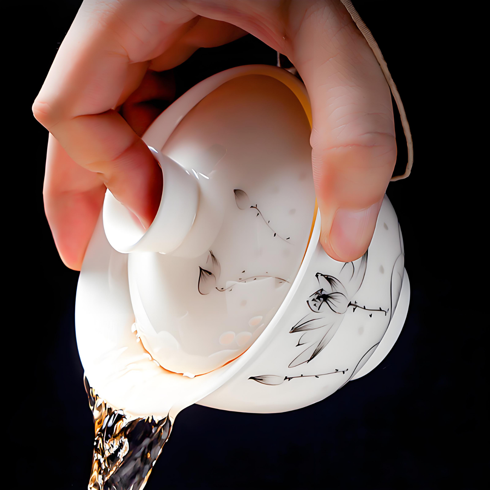 Chinese white jade porcelain 15-piece ink lotus tea set