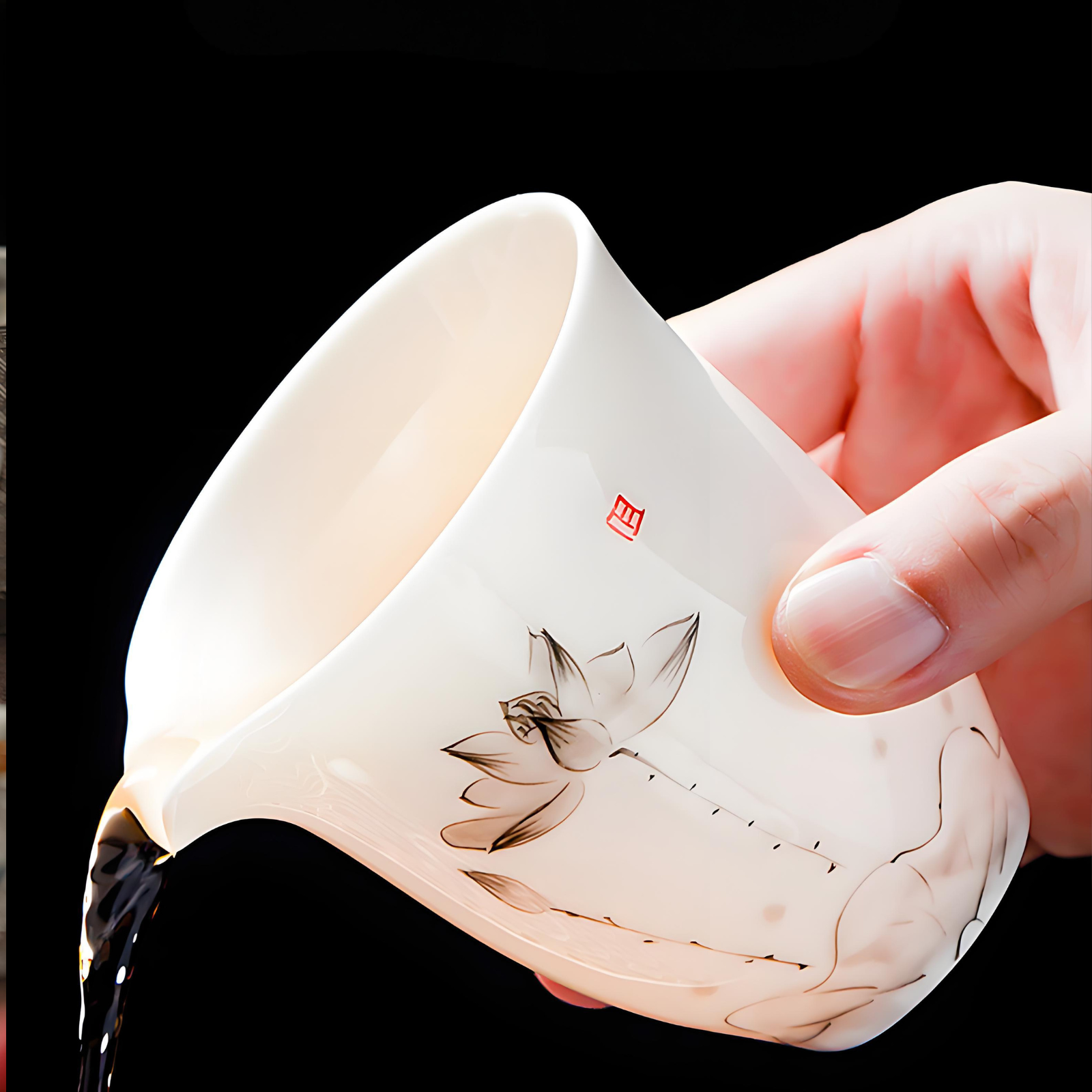 Chinese white jade porcelain 15-piece ink lotus tea set
