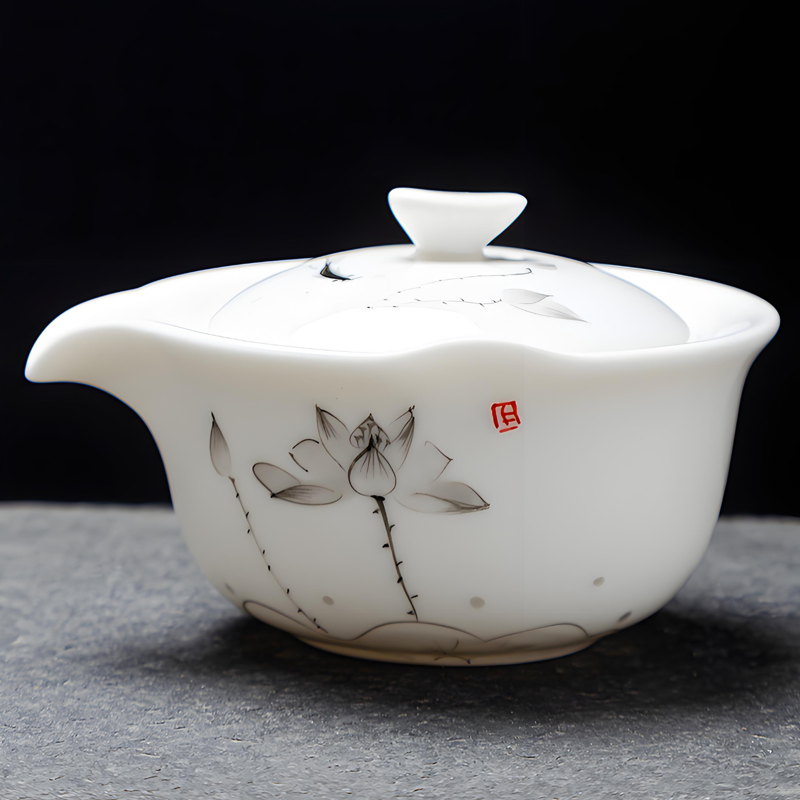Chinese white jade porcelain 15-piece ink lotus tea set