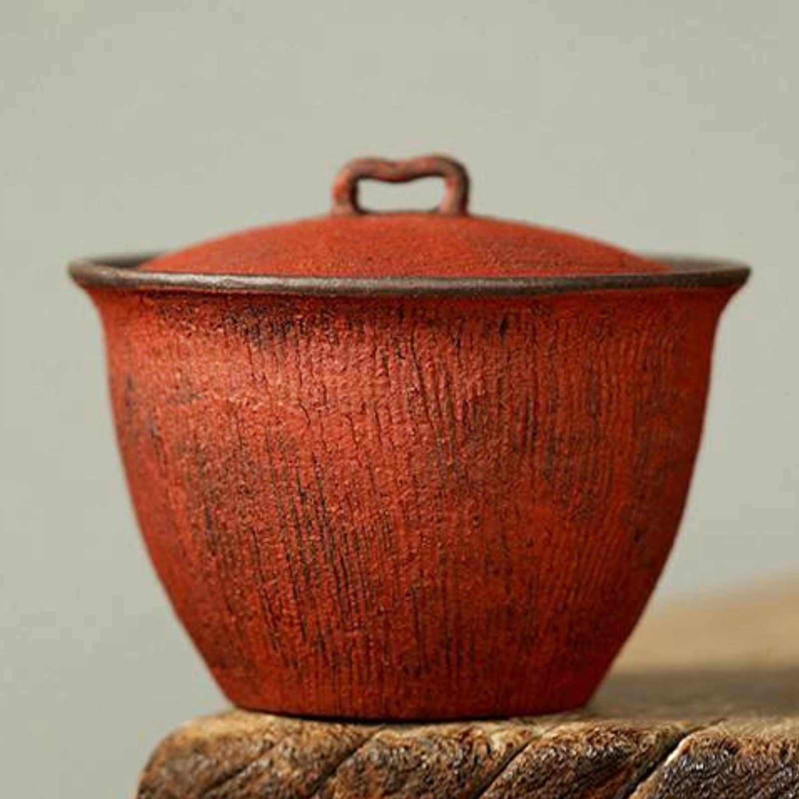 Handmade Kohiki-Style Gaiwan - Royal Red Glaze, 200ml Wabi-Sabi Ceramic, Jingdezhen
