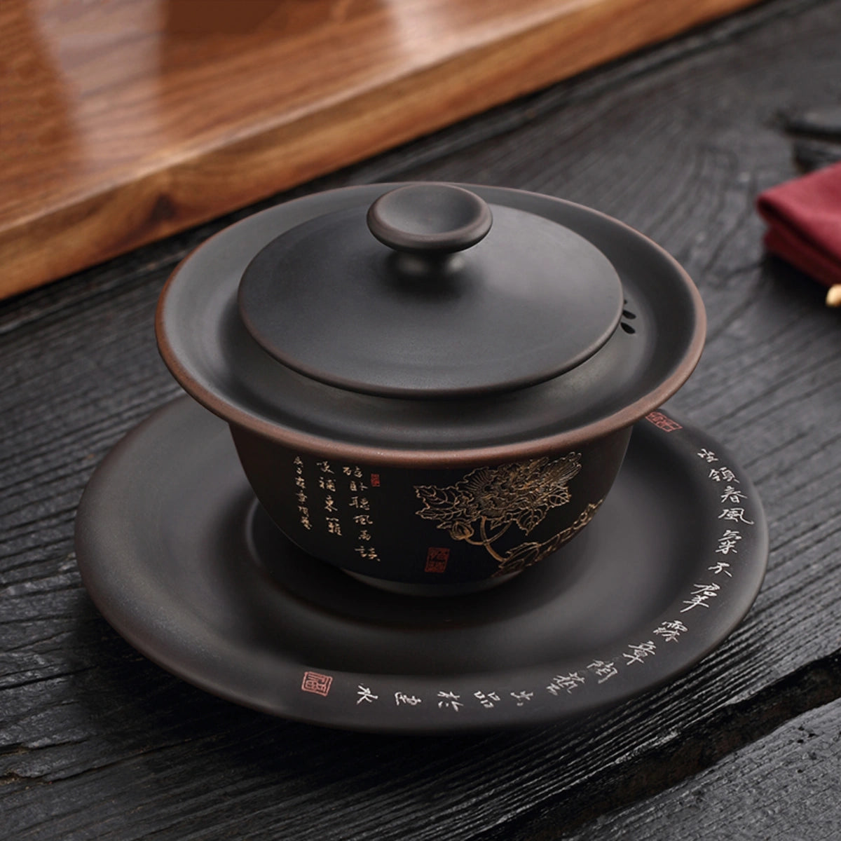 Jianshui small peony black clay gaiwan -1