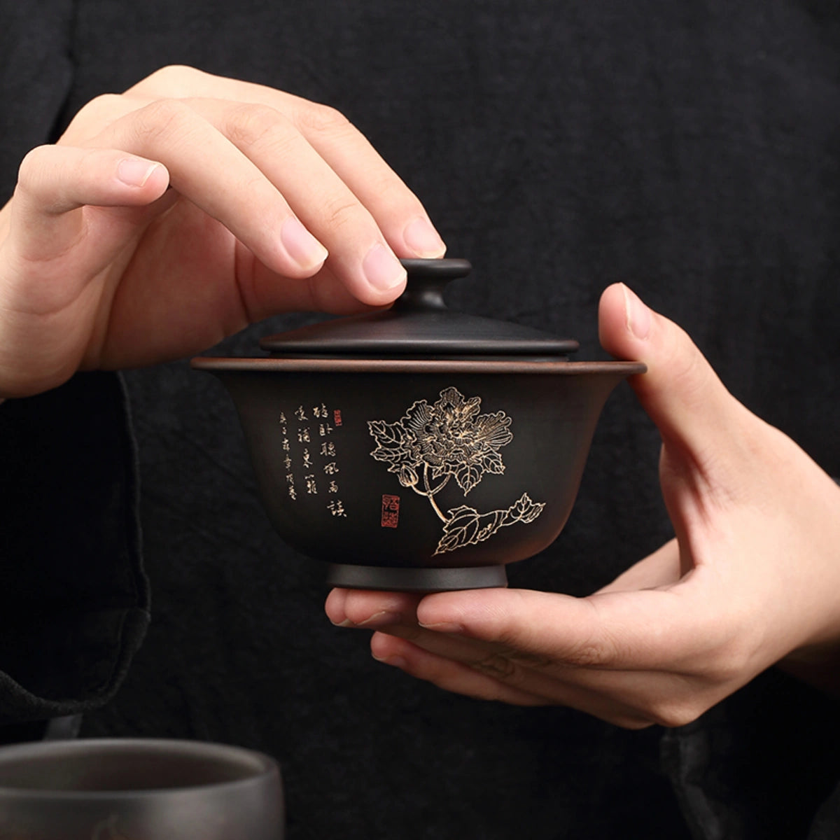 Jianshui small peony black clay gaiwan -2