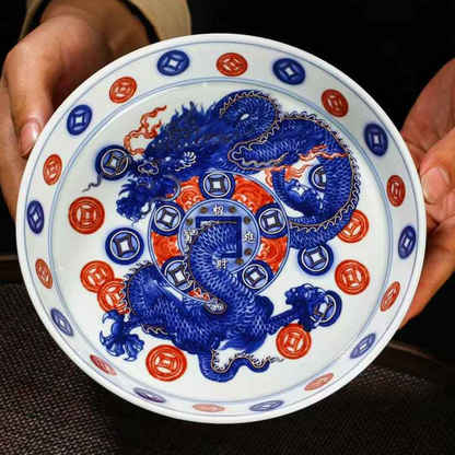 Service à thé Dragon bleu et blanc peint à la main - 220 ml, céramique Jingdezhen, rouge et cobalt sous glaçure