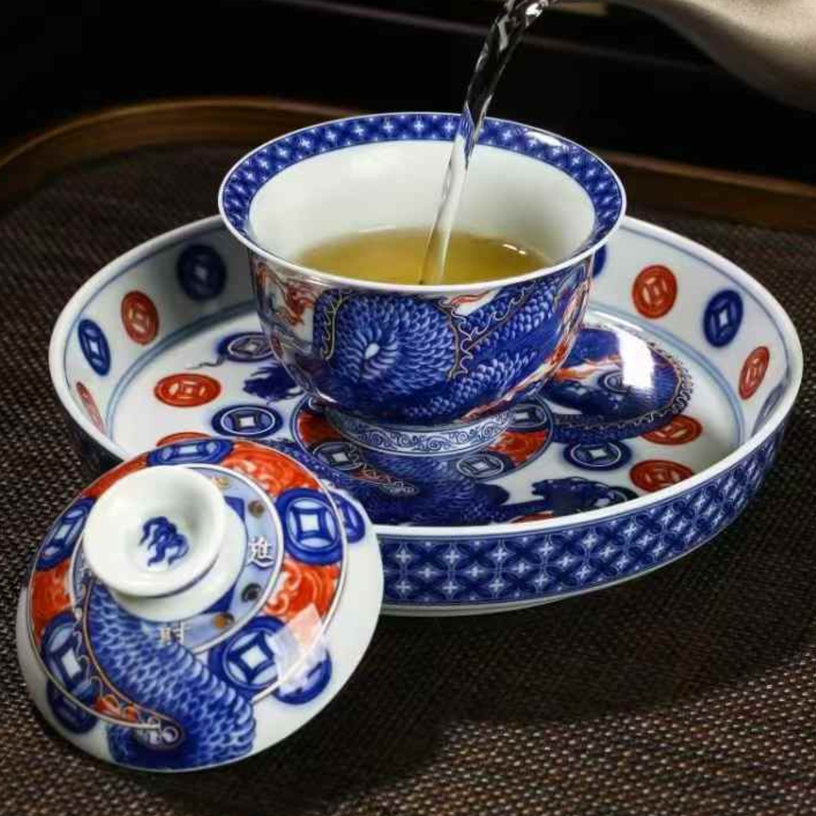 Hand-Painted Dragon Blue & White Tea Set - 220ml Jingdezhen Ceramic, Underglaze Red & Cobalt