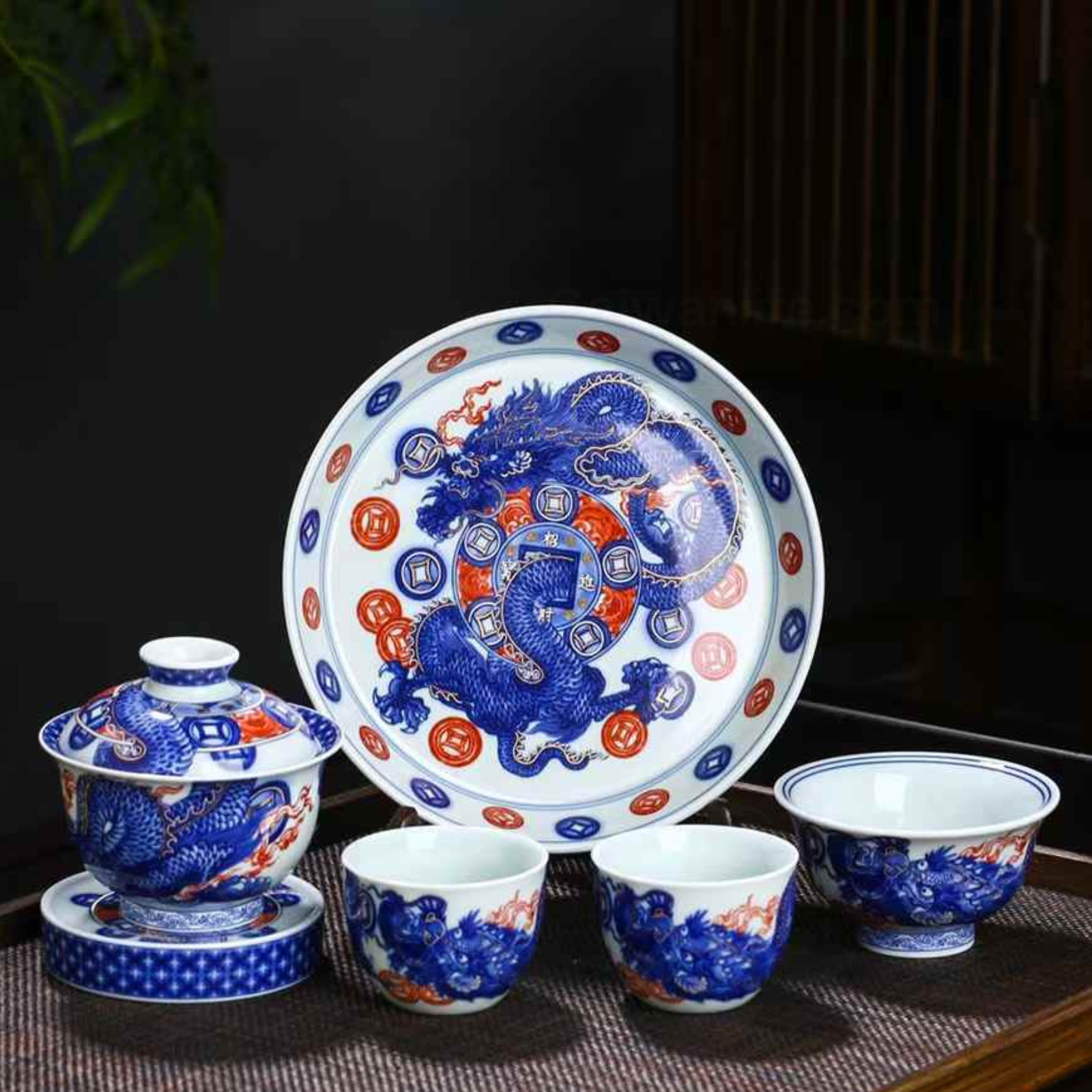 Hand-Painted Dragon Blue & White Tea Set - 220ml Jingdezhen Ceramic, Underglaze Red & Cobalt