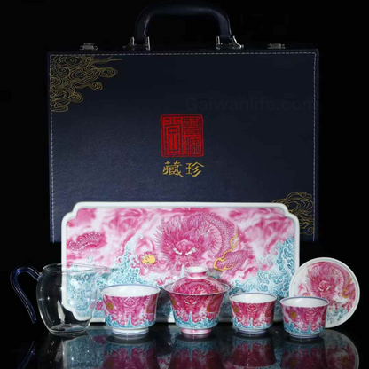 Coffret Gaiwan Dragon Or Rouge Rubis Jingdezhen - 220 ml, céramique peinte à la main, édition collector
