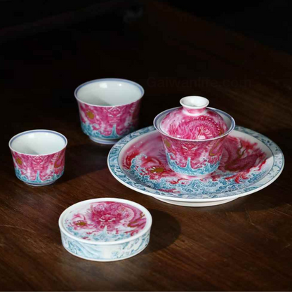 Coffret Gaiwan Dragon Or Rouge Rubis Jingdezhen - 220 ml, céramique peinte à la main, édition collector