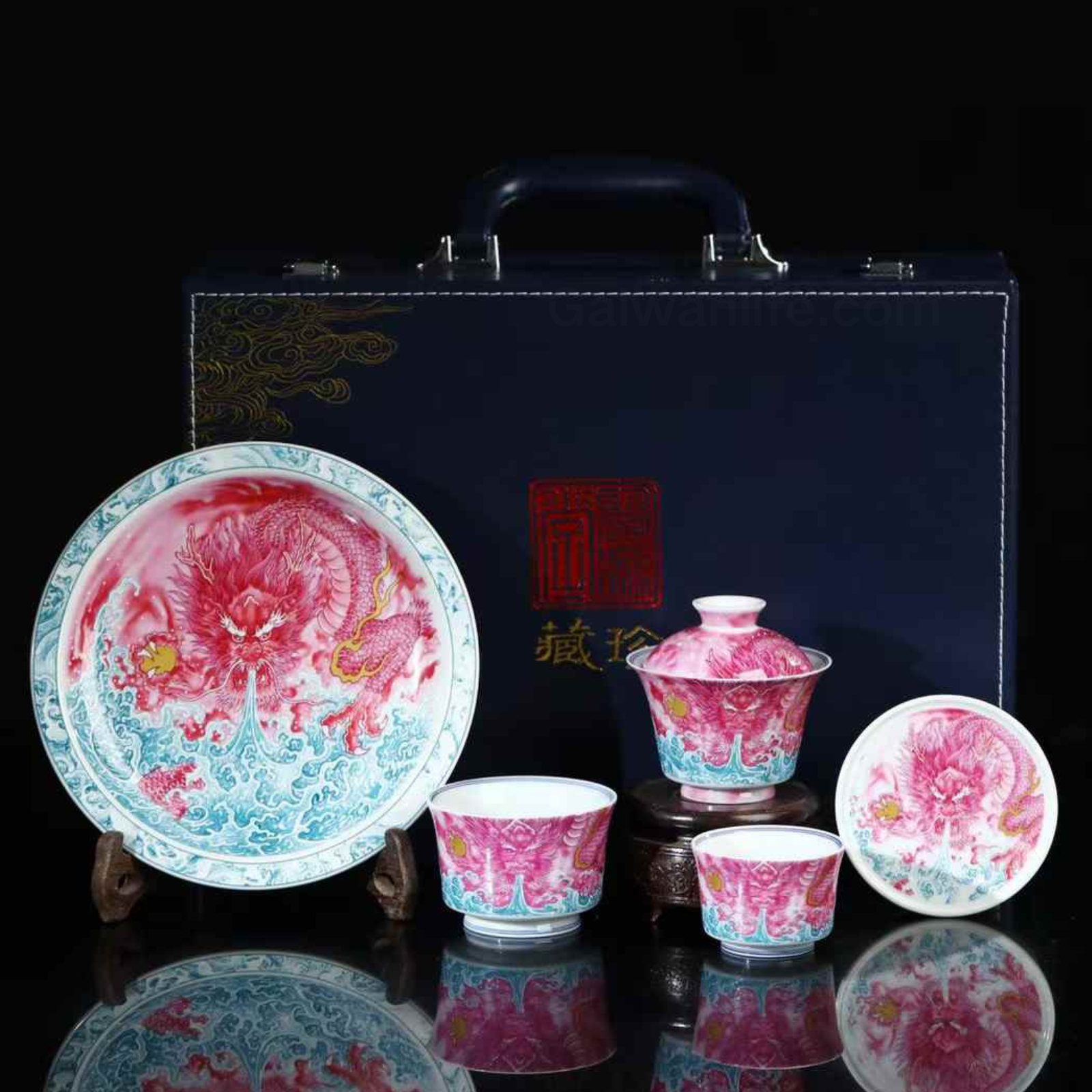 Jingdezhen Ruby Red Gold Dragon Gaiwan Set - 220ml Hand-Painted Ceramic, Collector's Edition
