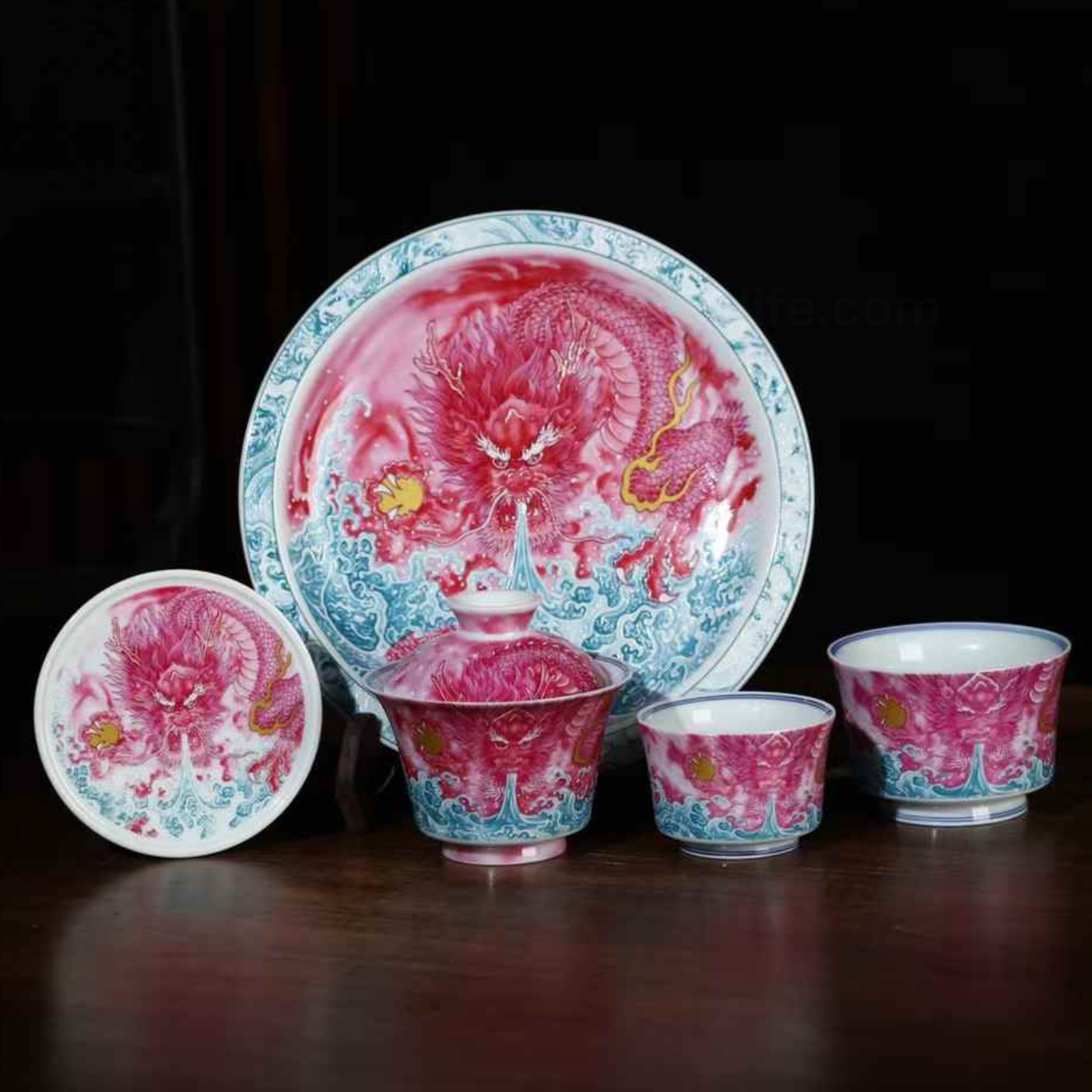 Jingdezhen Ruby Red Gold Dragon Gaiwan Set - 220ml Hand-Painted Ceramic, Collector's Edition
