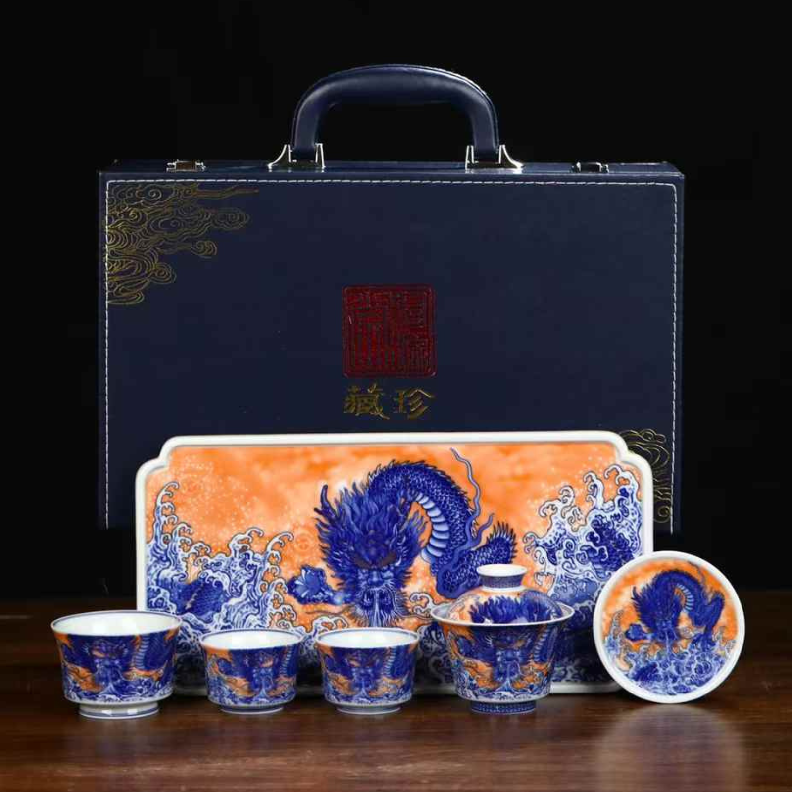 Jingdezhen Blue & White Dragon Tea Set - 220ml Gold-Accented Porcelain, Hand-Painted Collectible