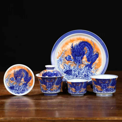 Jingdezhen Blau-Weißes Drachen-Teeservice – 220 ml, Porzellan mit Goldakzenten, handbemaltes Sammlerstück