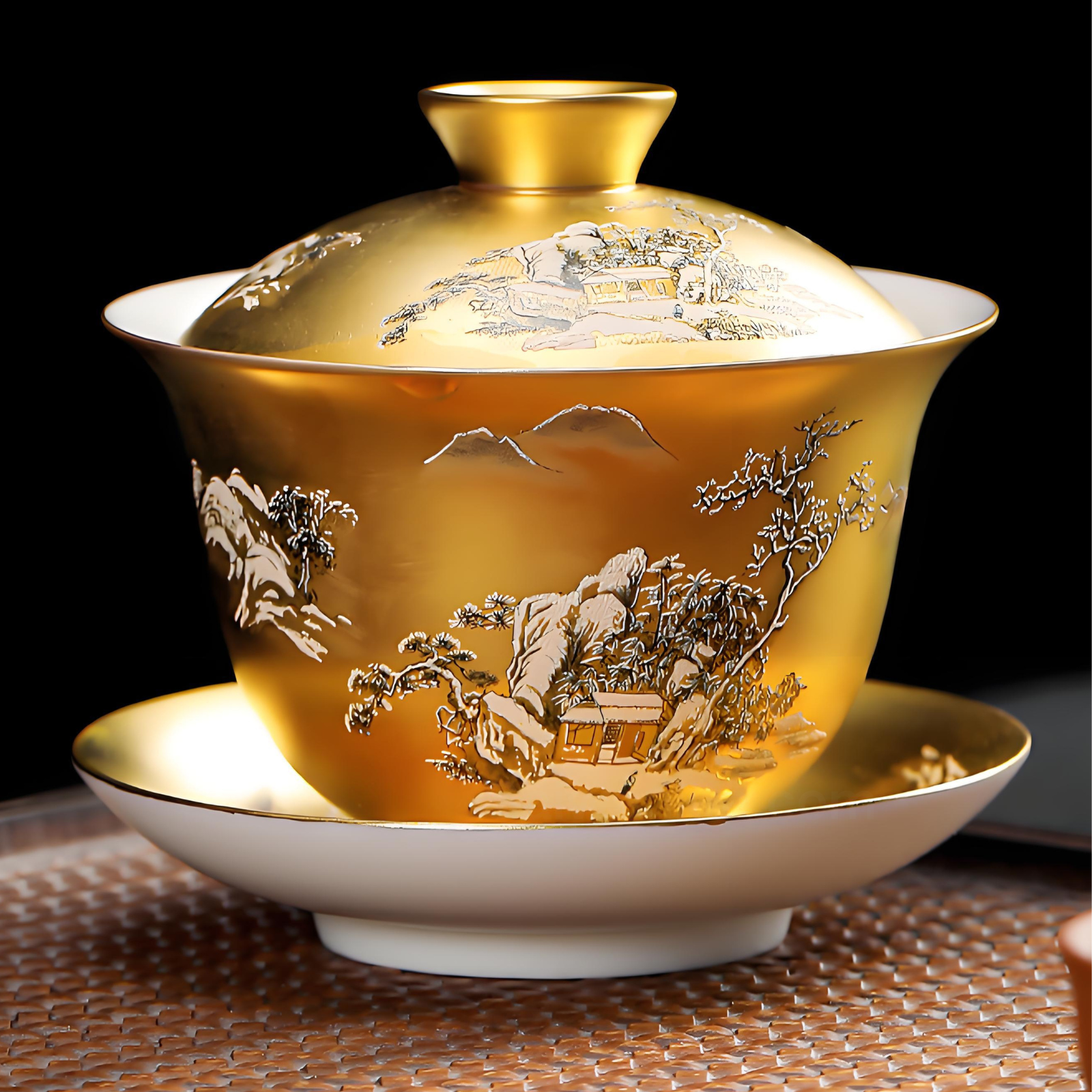 Handmade Gilded Gaiwan - Plum Blossom Frost Design, 180ml Luxury Ceramic