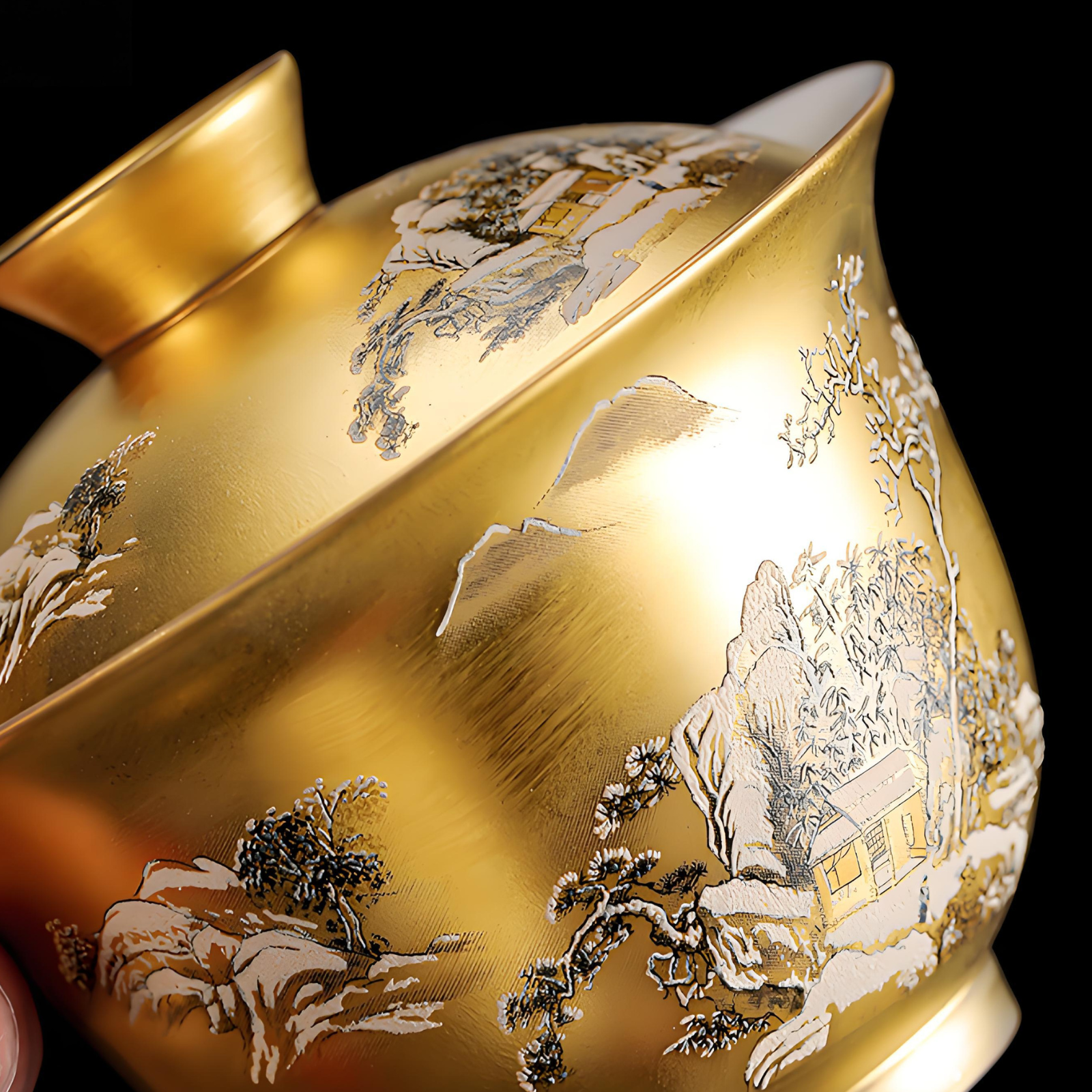 Handmade Gilded Gaiwan - Plum Blossom Frost Design, 180ml Luxury Ceramic