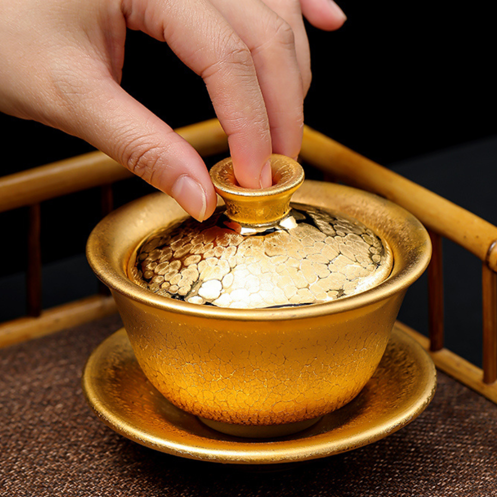 Gilded Jian Zhan Oil-Drop Gaiwan - 180ml Handcrafted Ceramic Teapot, Retro Luxury Design