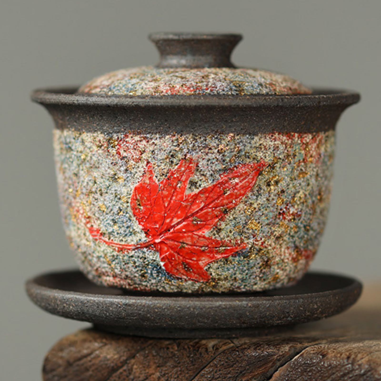 Handgefertigter Gaiwan aus Stein und Mineral – Ahornblatt-Design, 160 ml, mattierte Keramik