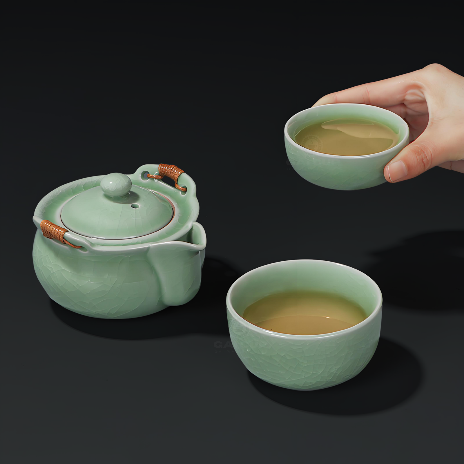Portable Celadon Tea Set - 1 Teapot & 2 Cups, Camping & Gift Essentials
