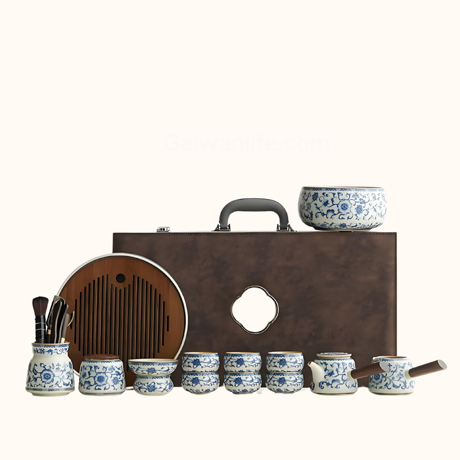 Ru Kiln Ceramic Gongfu Tea Set - Blue & White Endless Knot Lotus Design, 10-Piece Luxury Collection